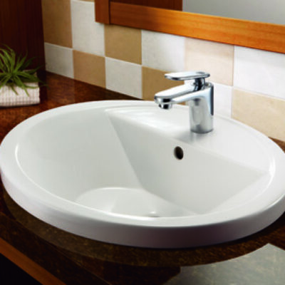 オーバル型オーバーカウンター洗面器+ユーロスマートコスモポリタン洗面混合栓(床給水・床排水タイプ)